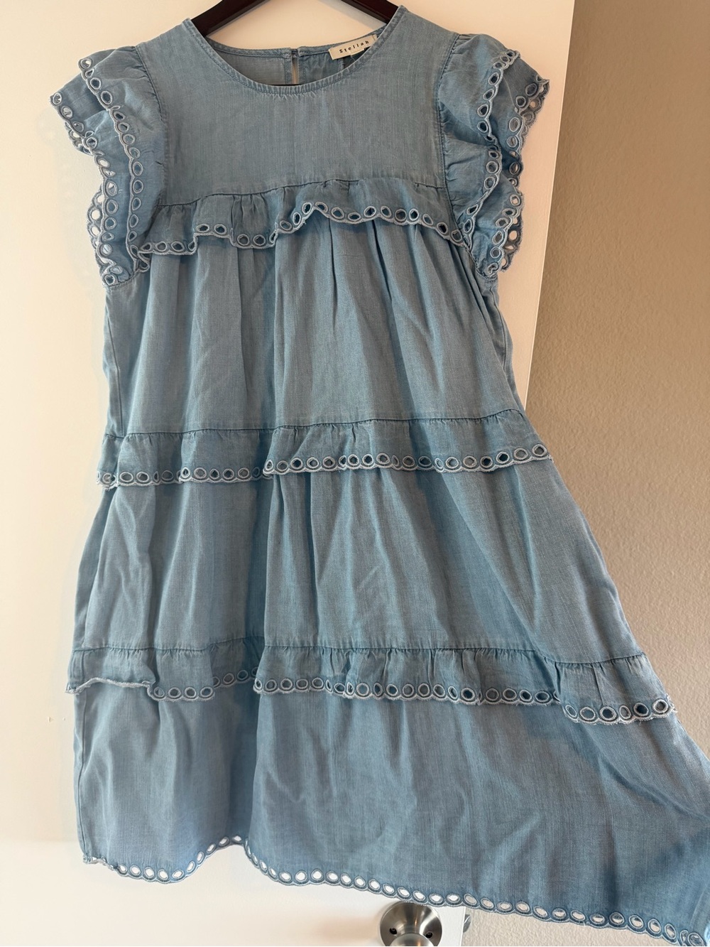 Stellah Light Blue Eyelet Tiered Cotton Dress